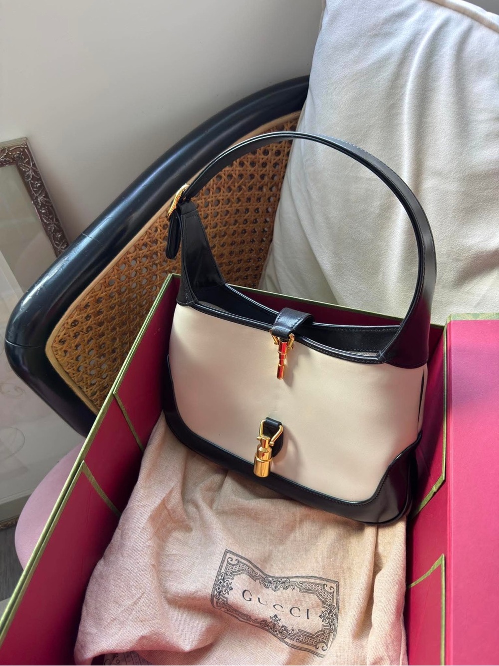 Gucci Cream and Black Shoulder Bag with Gold Accents